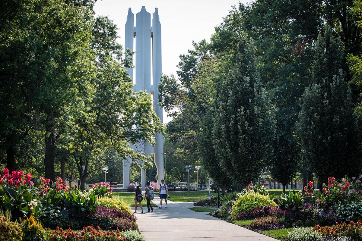 Pictured in fall 2022, the Memorial Bell Tower is surrounded by the beauty of the Missouri Arboretum.